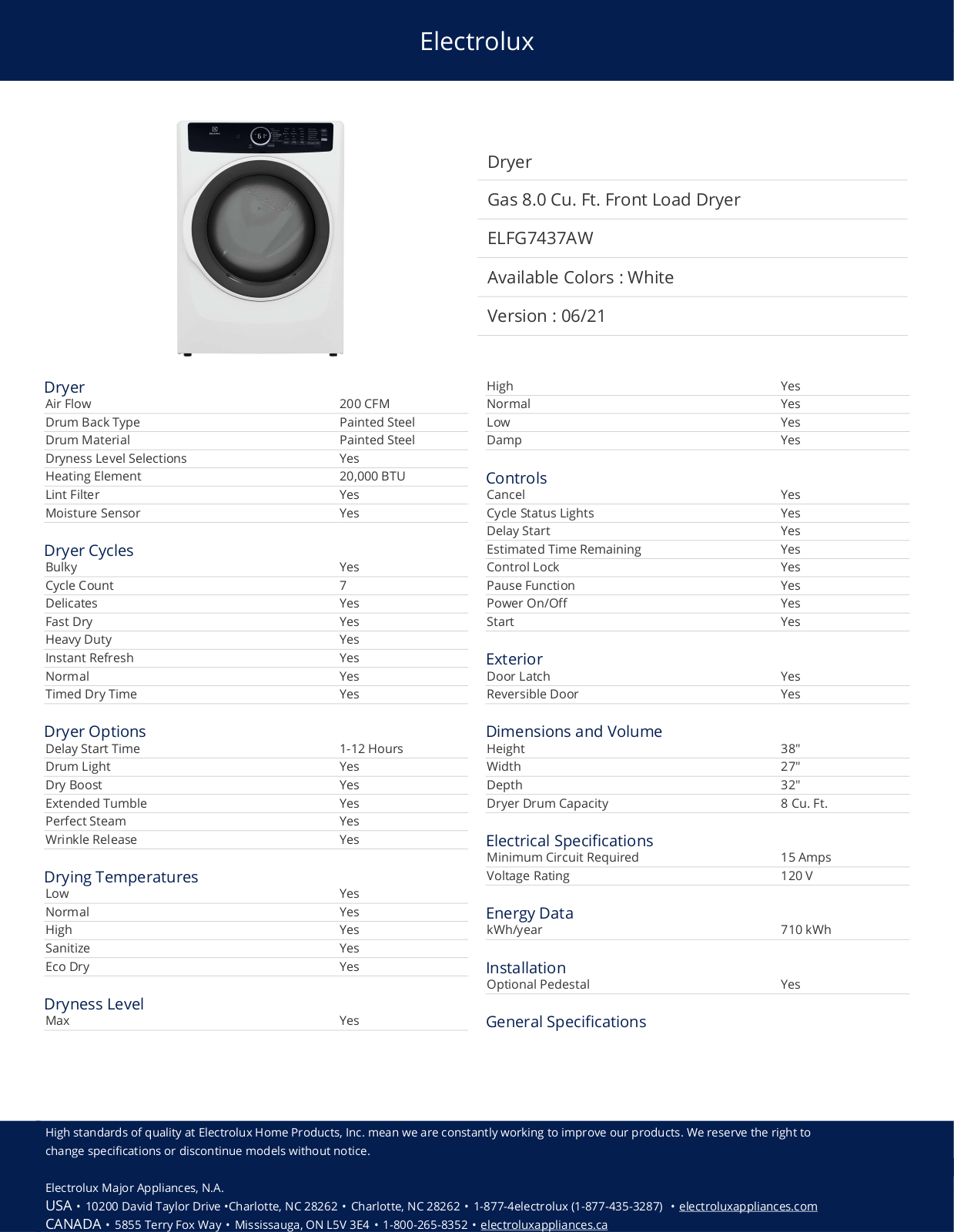 Electrolux ELFG7437AW Specification Sheet