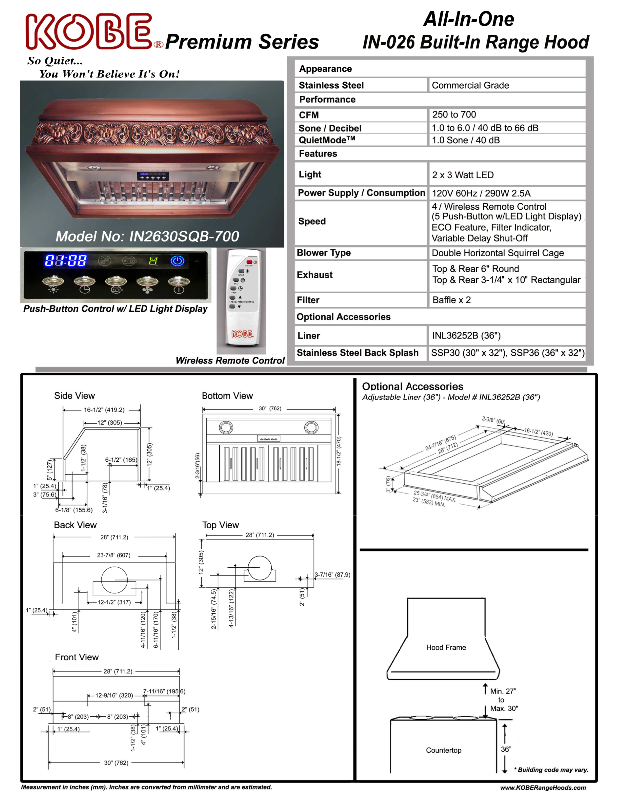 Kobe IN2630SQB700 Specifications