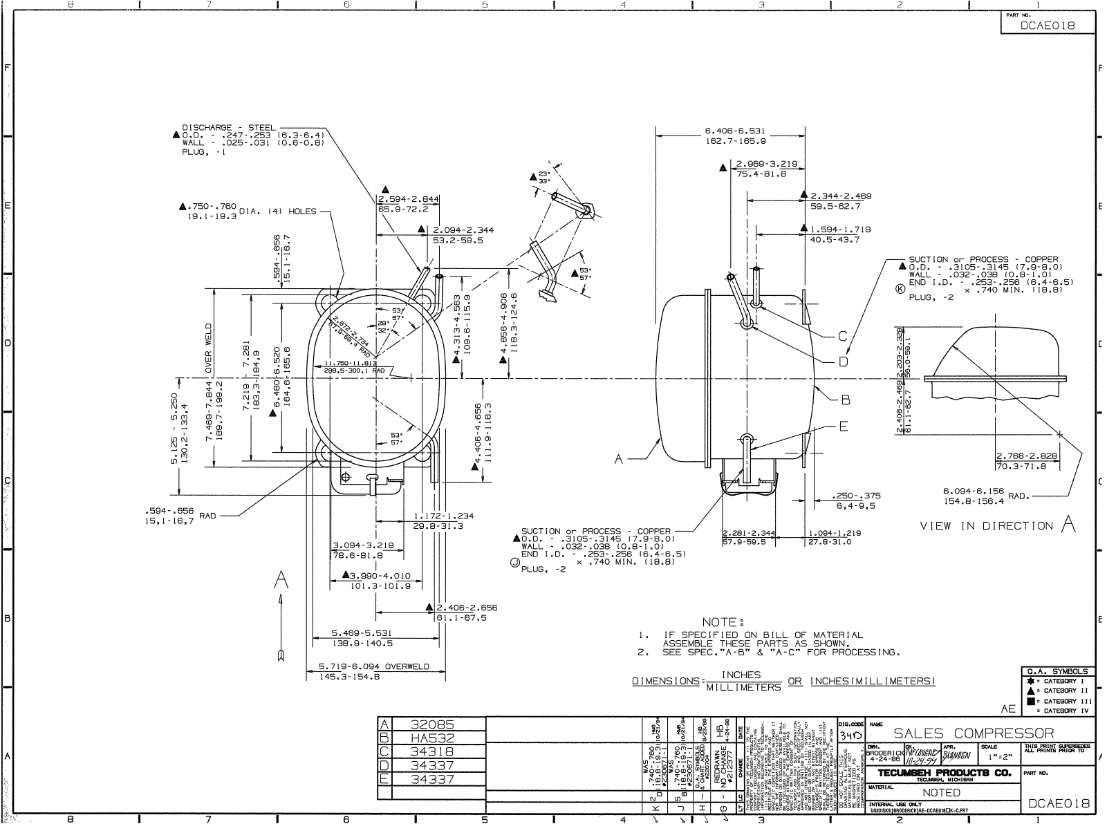 Tecumseh AEA3414YXA, AEA3414YXP Drawing Data