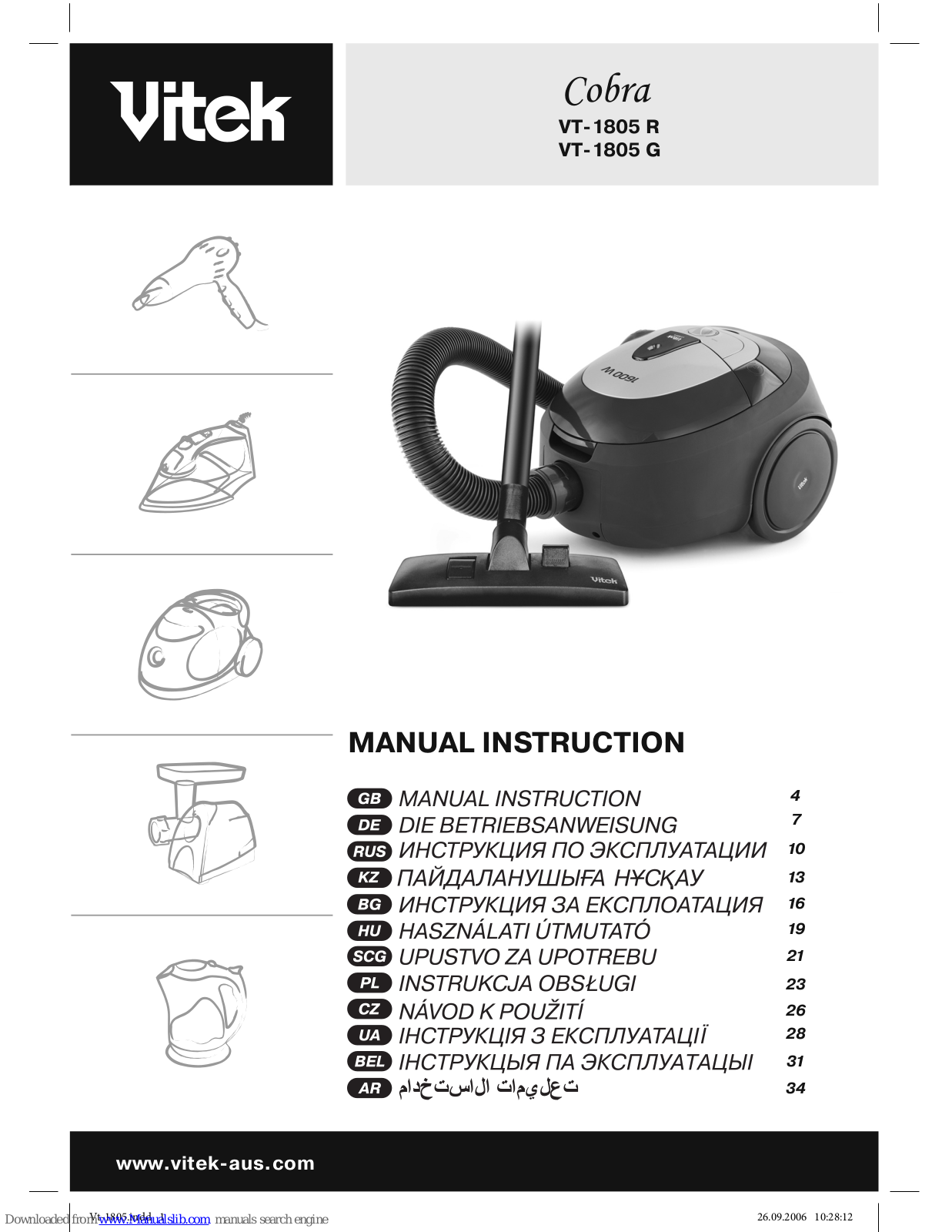 Vitek VT-1805 R, VT-1805 G Manual Instruction