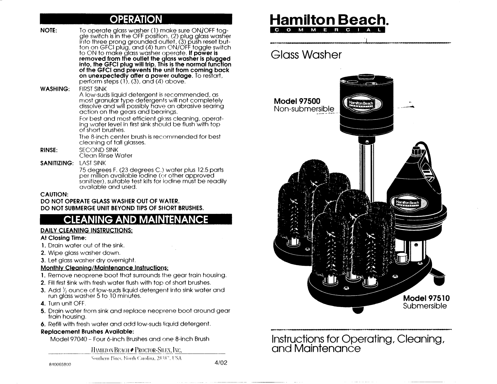 Hamilton Beach Commercial 97500, 97510 Service Manual