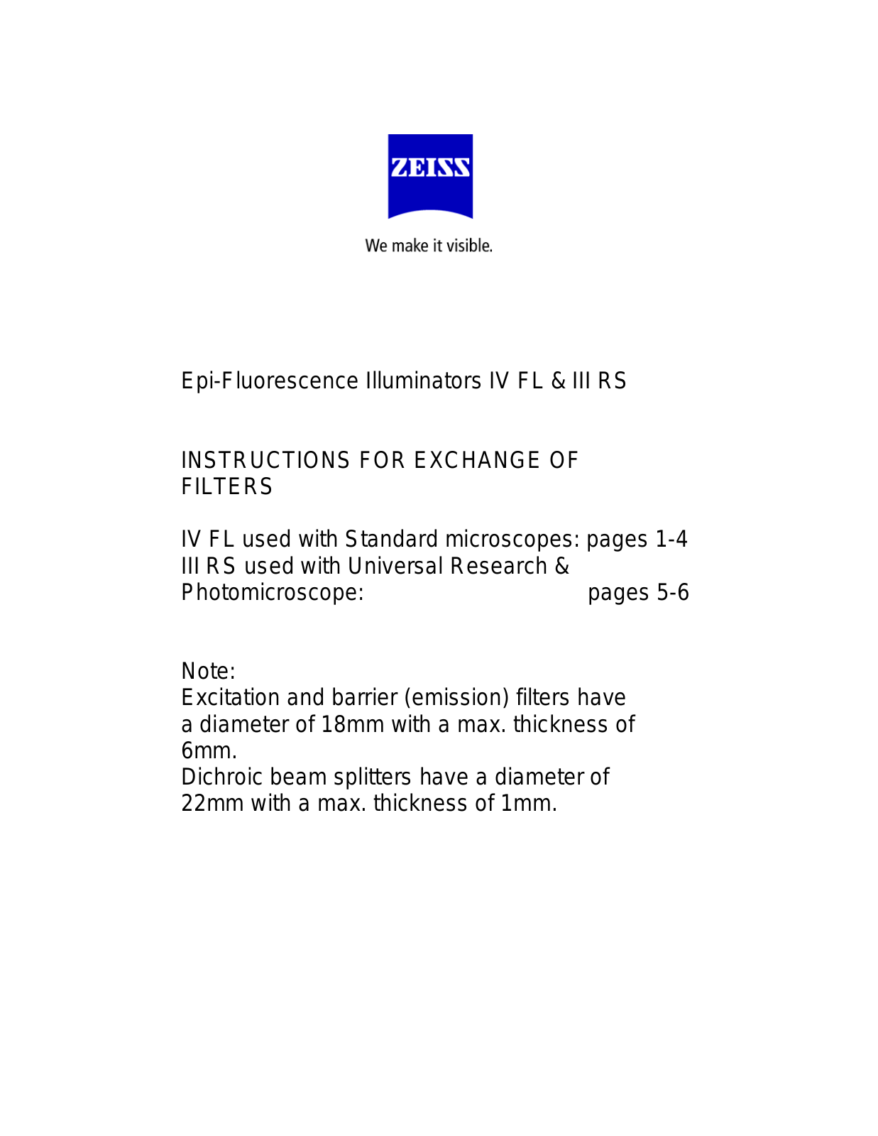 Zeiss IV FL, III RS INSTRUCTIONS FOR EXCHANGE OF filters