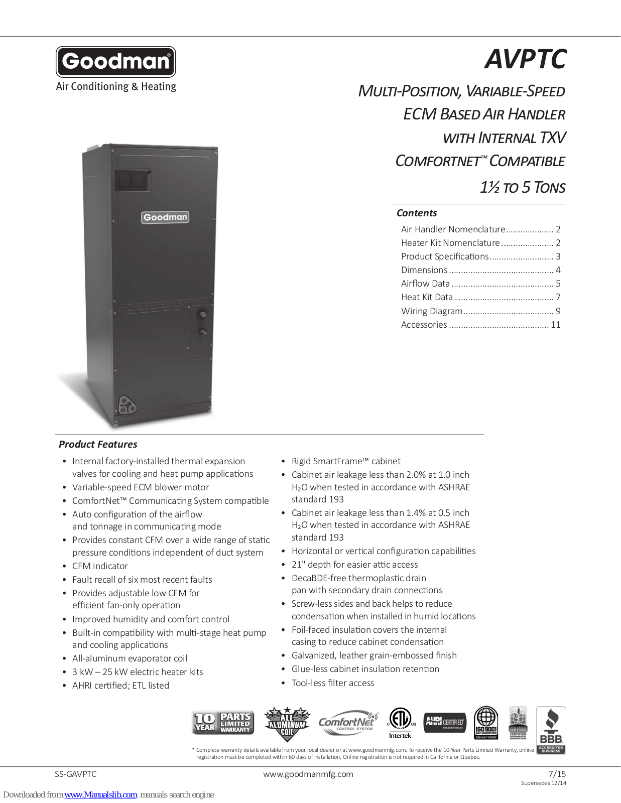 Goodman AVPTC 42D14A, AVPTC 30C14A, AVPTC 48D14A, AVPTC 60D14A, AVPTC 36C14A Series Manual