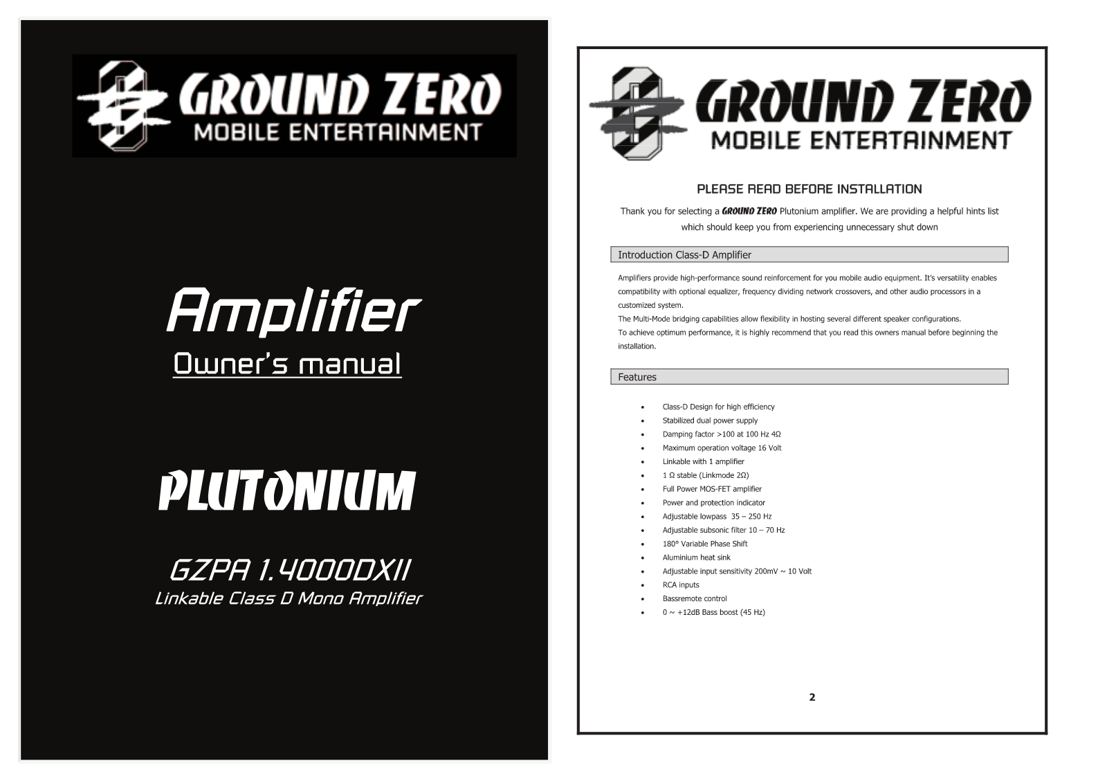 Ground Zero Plutonium GZPA 1.4000DXII Owner's Manual