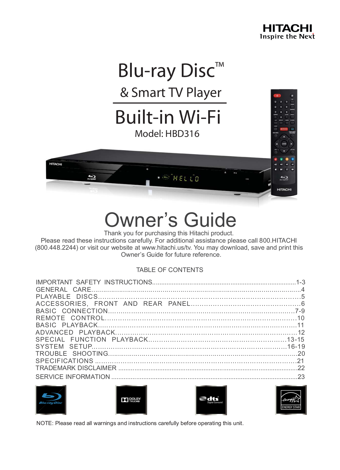 Hitachi HBD316 Owner's Manual