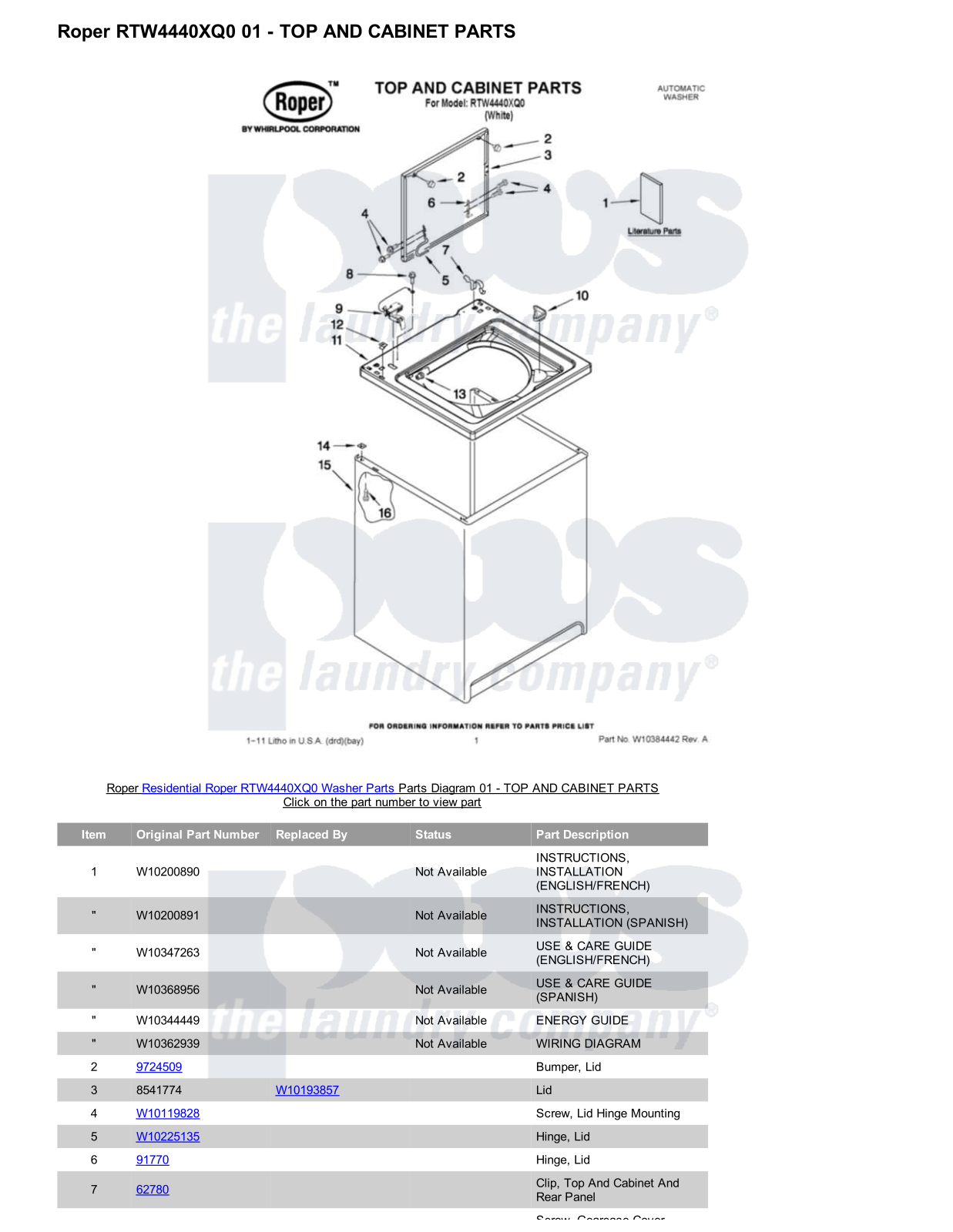 Roper RTW4440XQ0 Parts Diagram