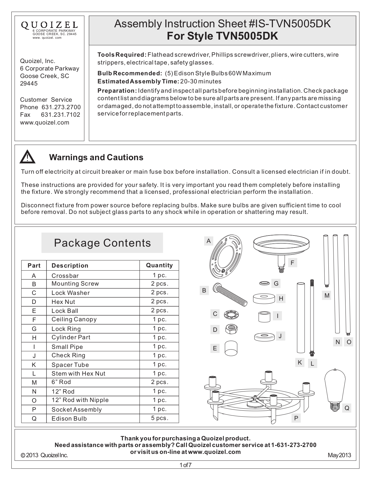 Quoizel TVN5005DK User Manual