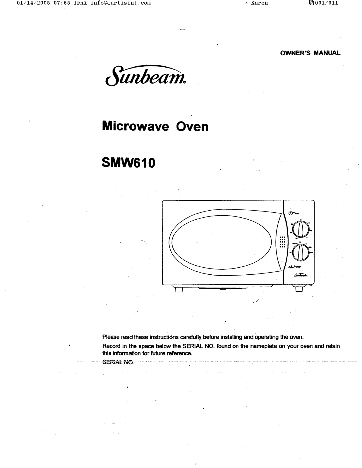 Sunbeam SMW610 Owner's Manual