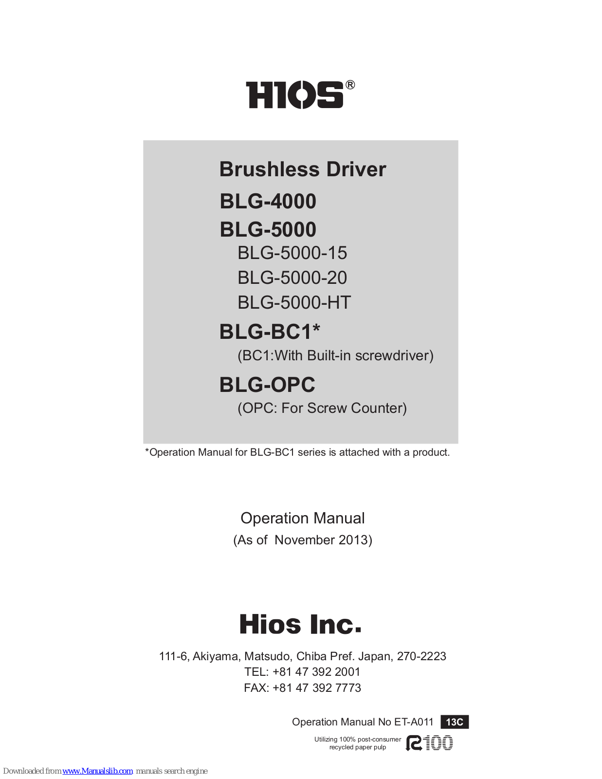 HIOS BLG-4000, BLG-5000, BLG-5000-15, BLG-5000-20, BLG-5000-HT Operation Manual