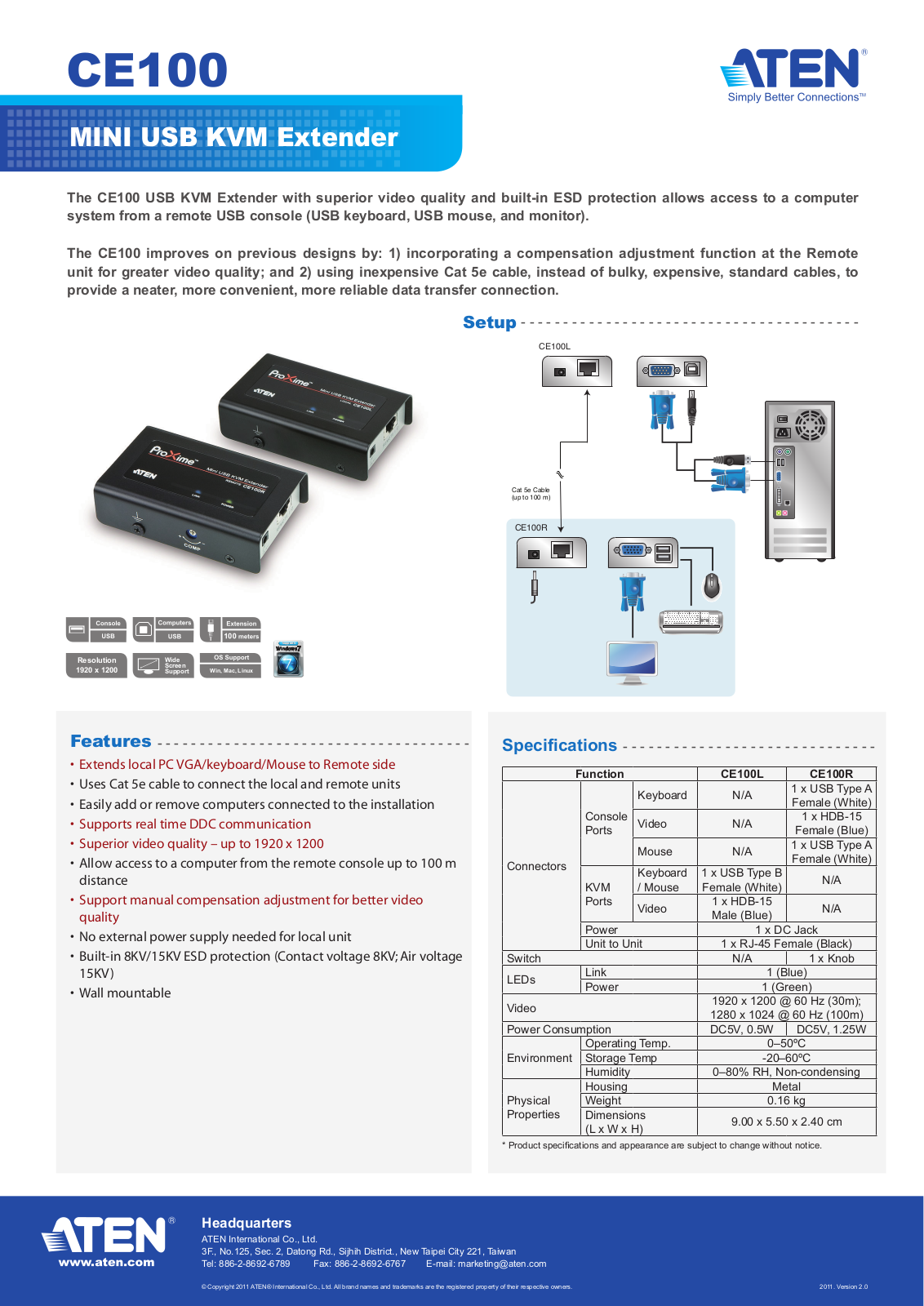 ATEN CE100, CE100L, CE100R Specification