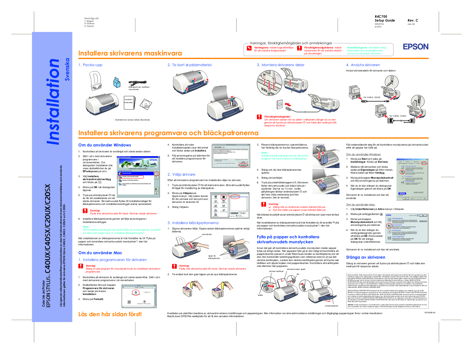 Epson STYLUS C20UX, STYLUS C20SX, STYLUS C40SX, STYLUS C40UX Quick installation guide