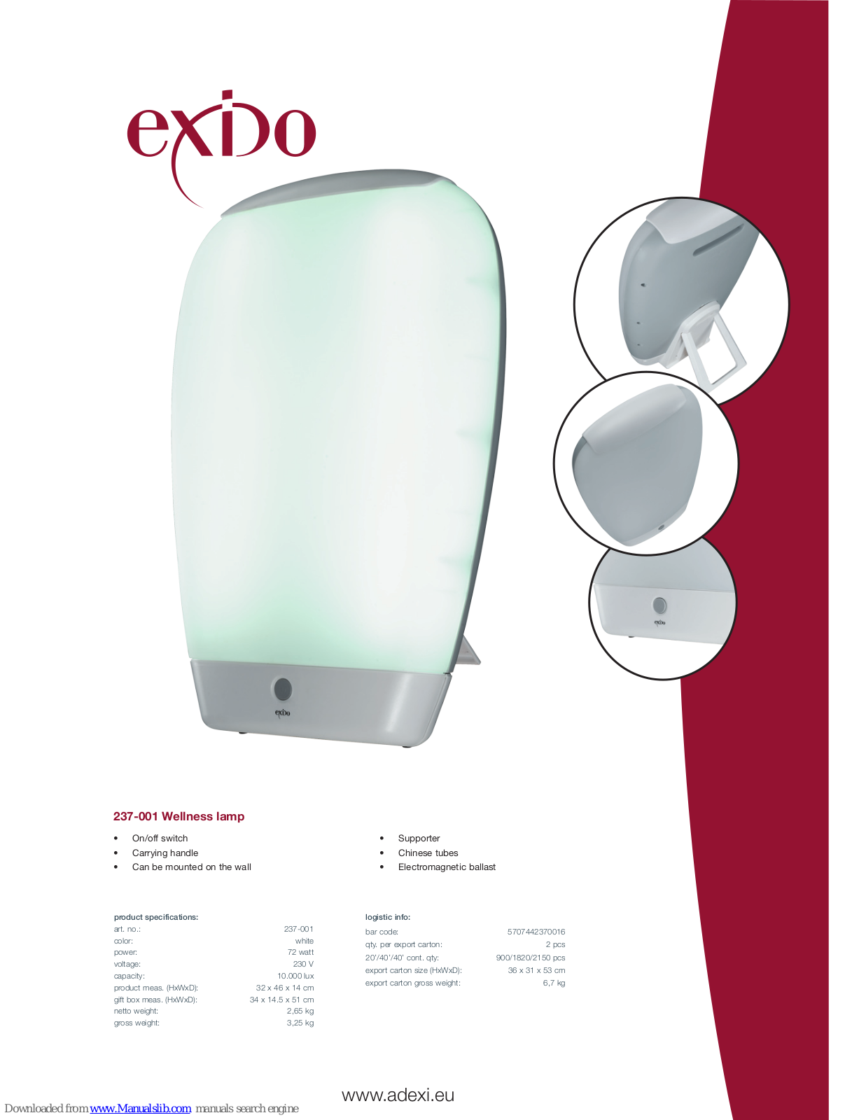 Exido Wellness Lamp 237-001, 237-001 Specifications