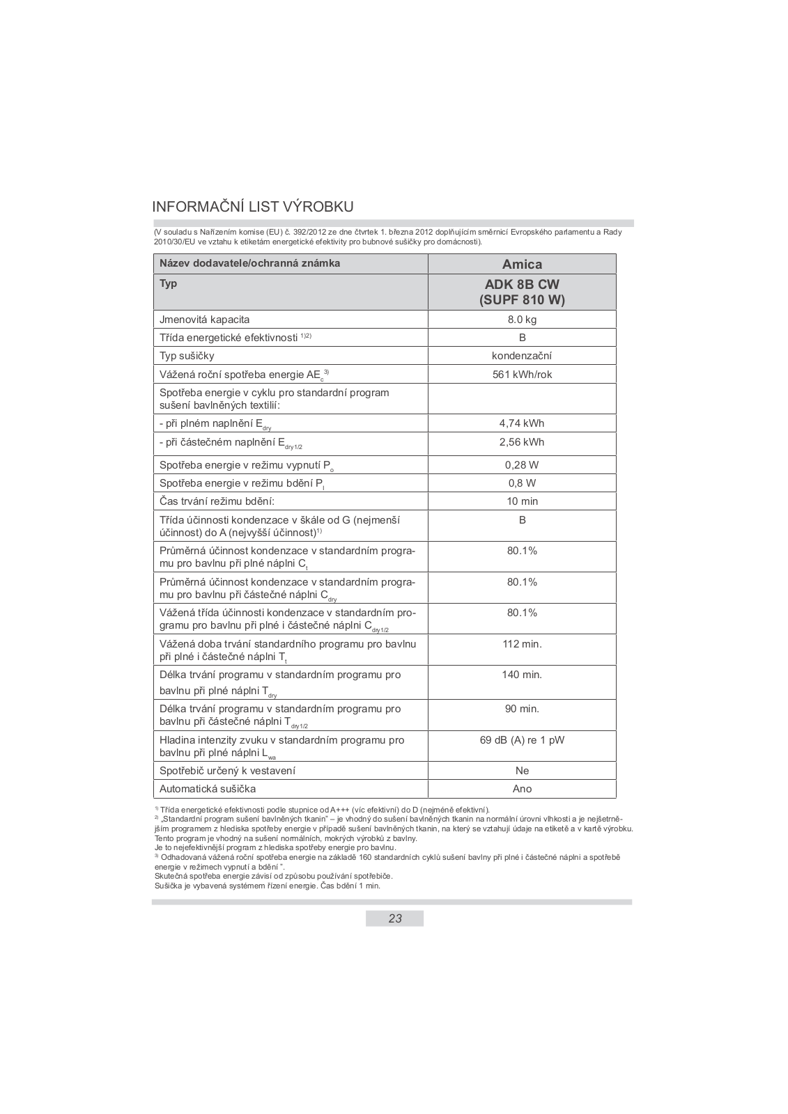 Amica SUPF810W Information sheet