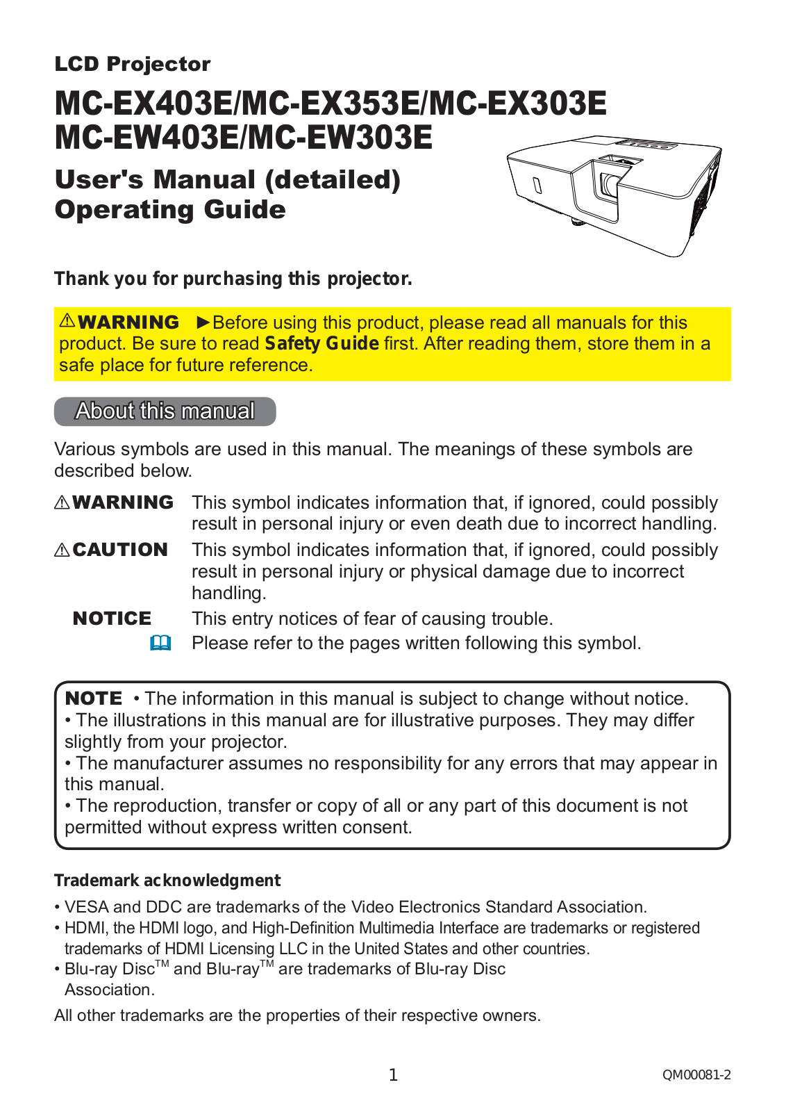 Hitachi MC-EX403E, MC-EX353E, MC-EX303E, MC-EW403E, MC-EW303E Operating Instruction