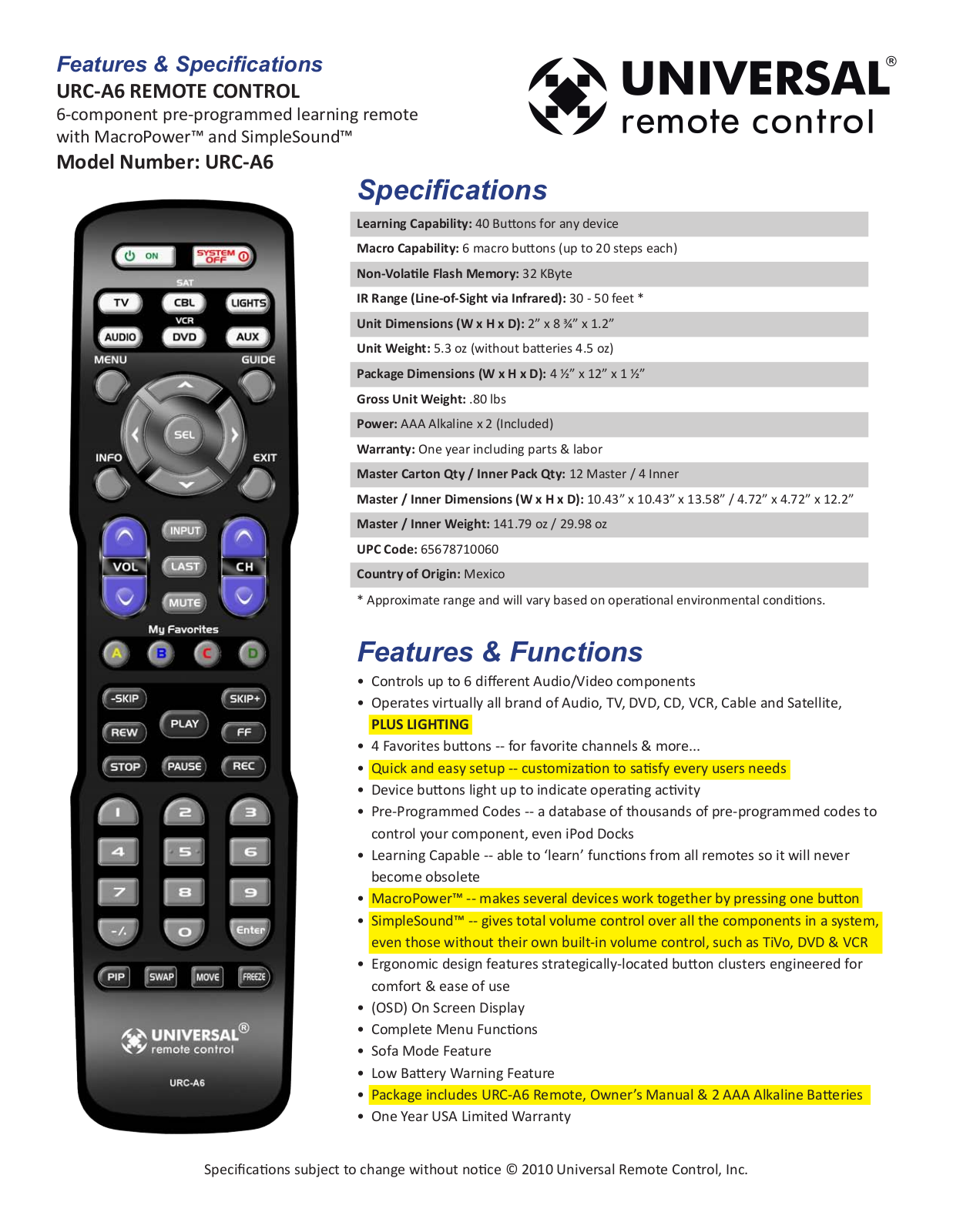 Universal Remote Control URC-A6 User Manual