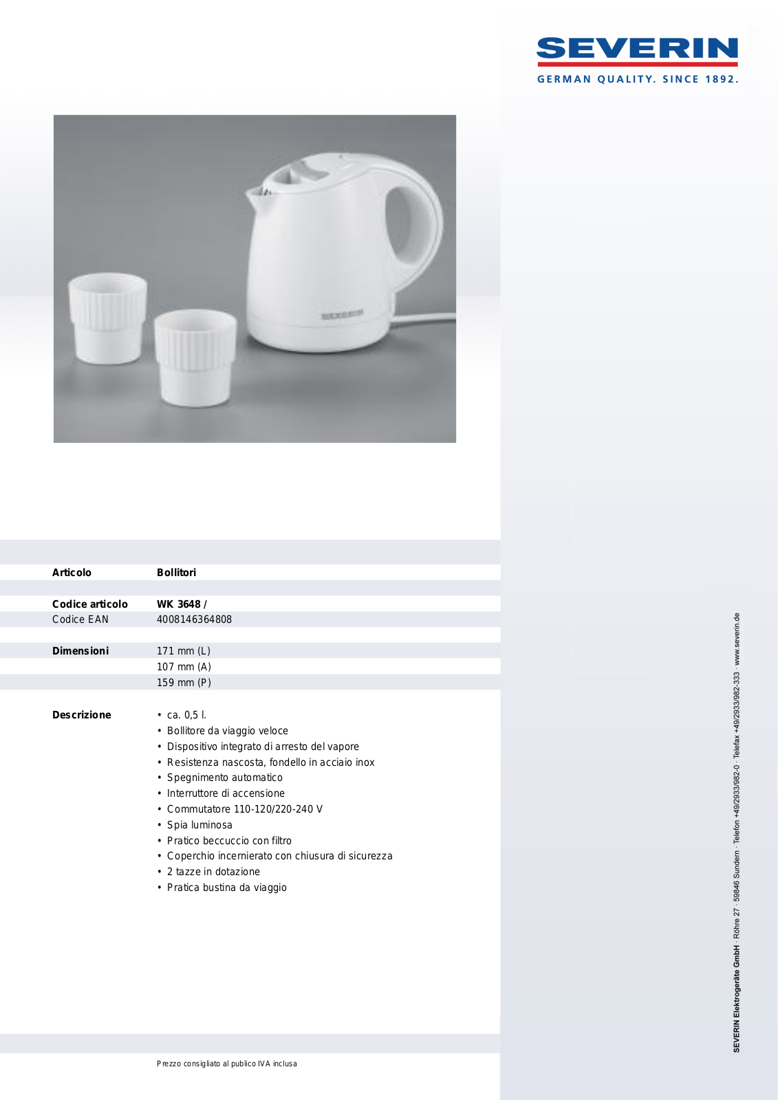 Severin WK 3648 DATASHEET