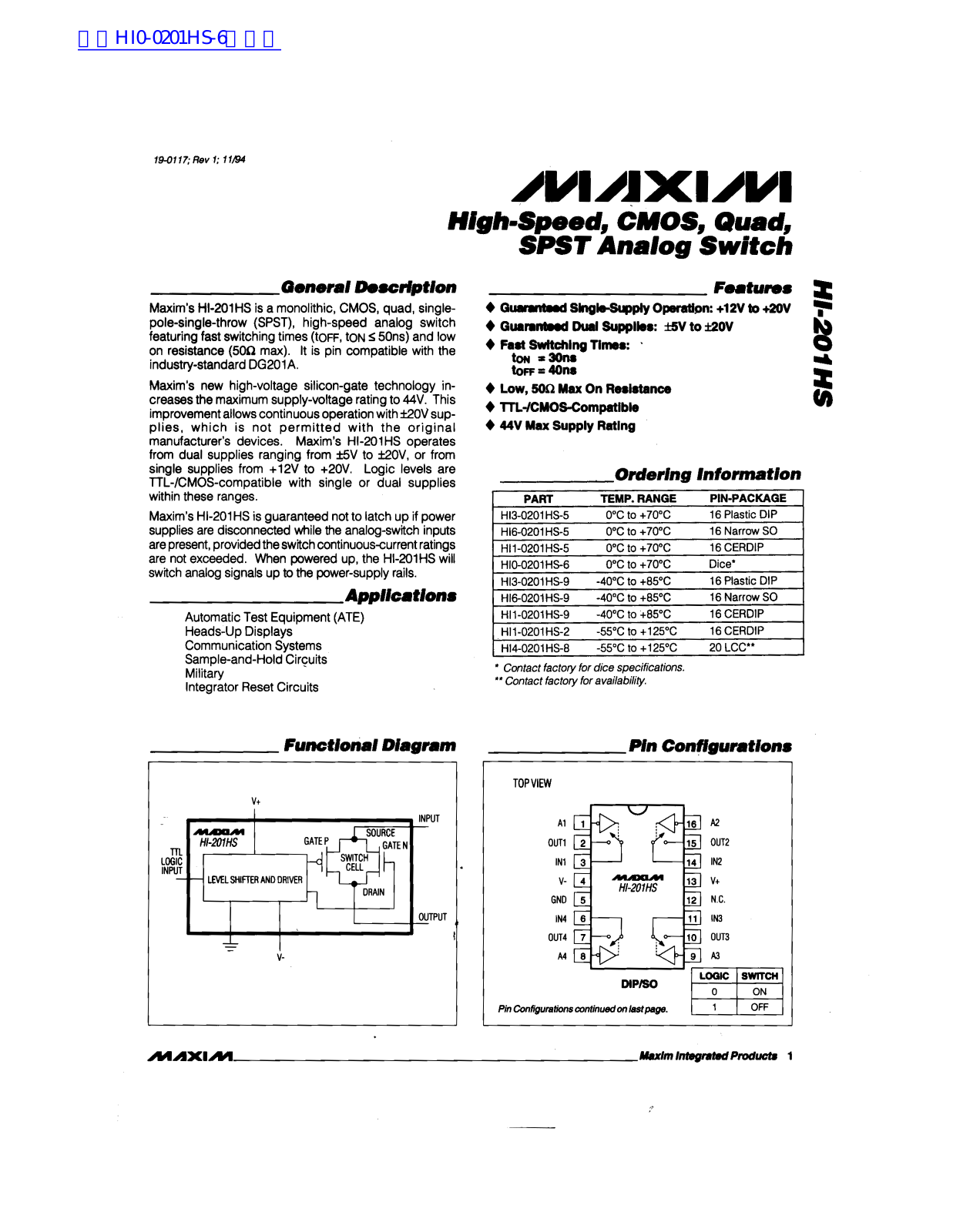 MAXIM HI-201HS Technical data