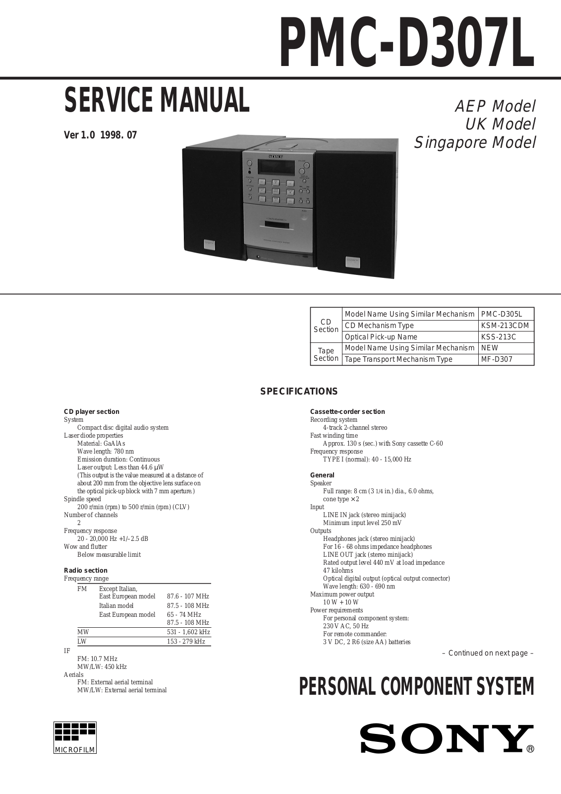 Sony PMC-D307L Service Manual