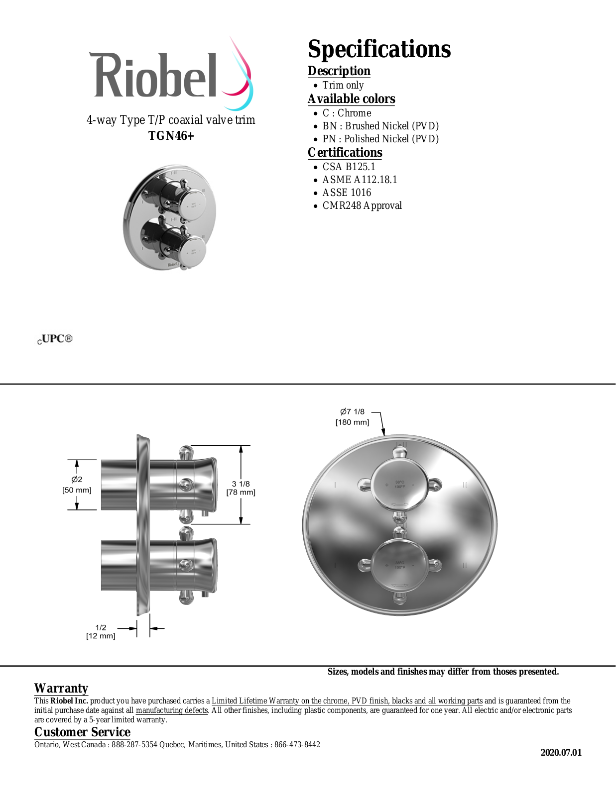 Riobel TGN46BN, TGN46C Specifications - ManualMachine.com