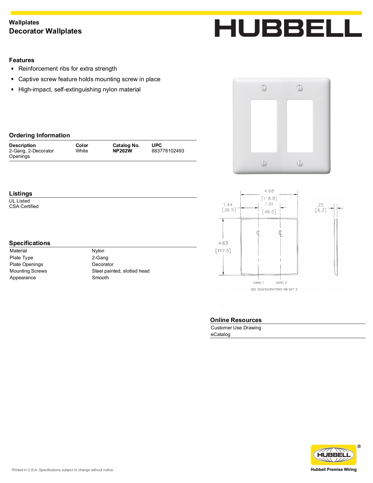 Hubbell NP262W Specifications