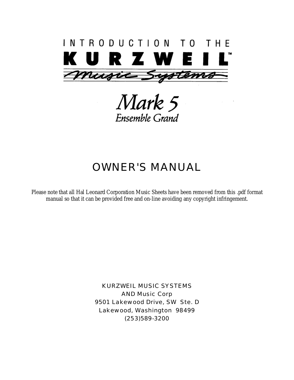 Kurzweil Music Systems Mark 5 User Manual