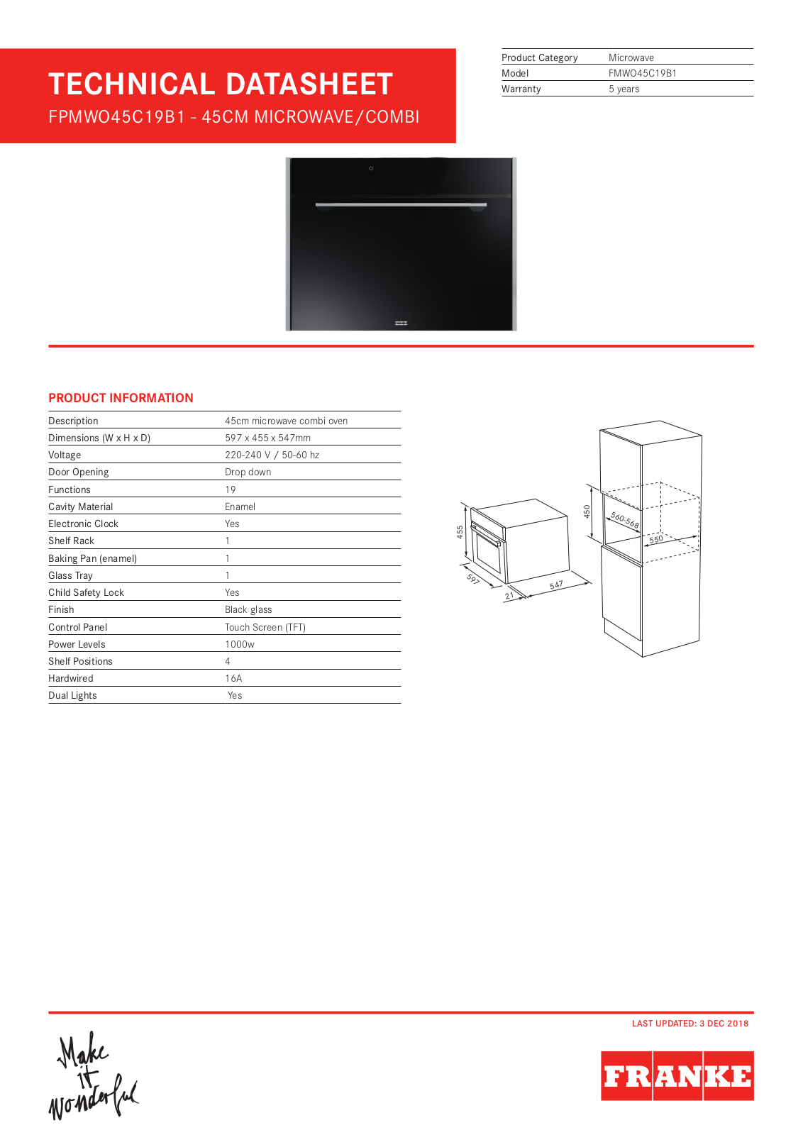 Franke FPMWO45C19B1 Specifications Sheet