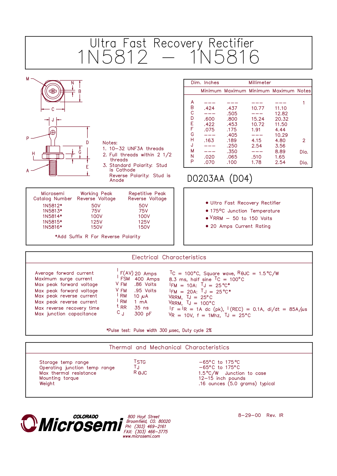 Microsemi Corporation 1N5816R, 1N5815R, 1N5814R, 1N5814, 1N5813R Datasheet