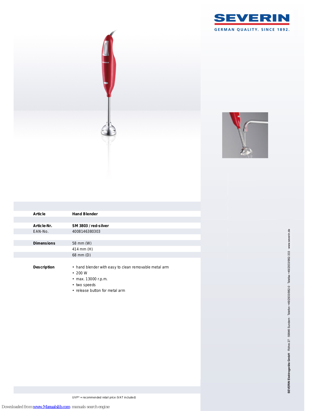 SEVERIN HAND BLENDER - DATASHEET 2, SM 3803 Dimensions