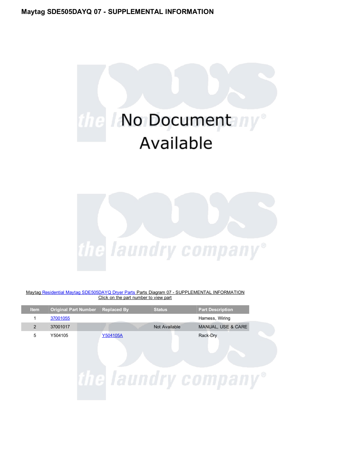 Maytag SDE505DAYQ Parts Diagram