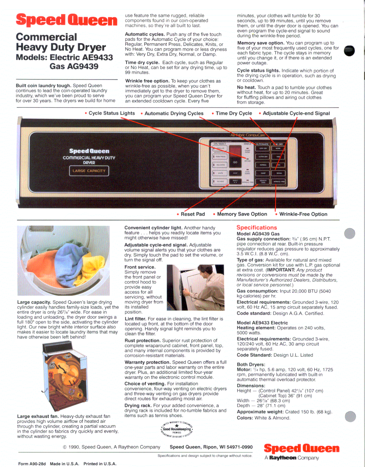 Speed Queen AE9433W, AG9439W Specification Sheet