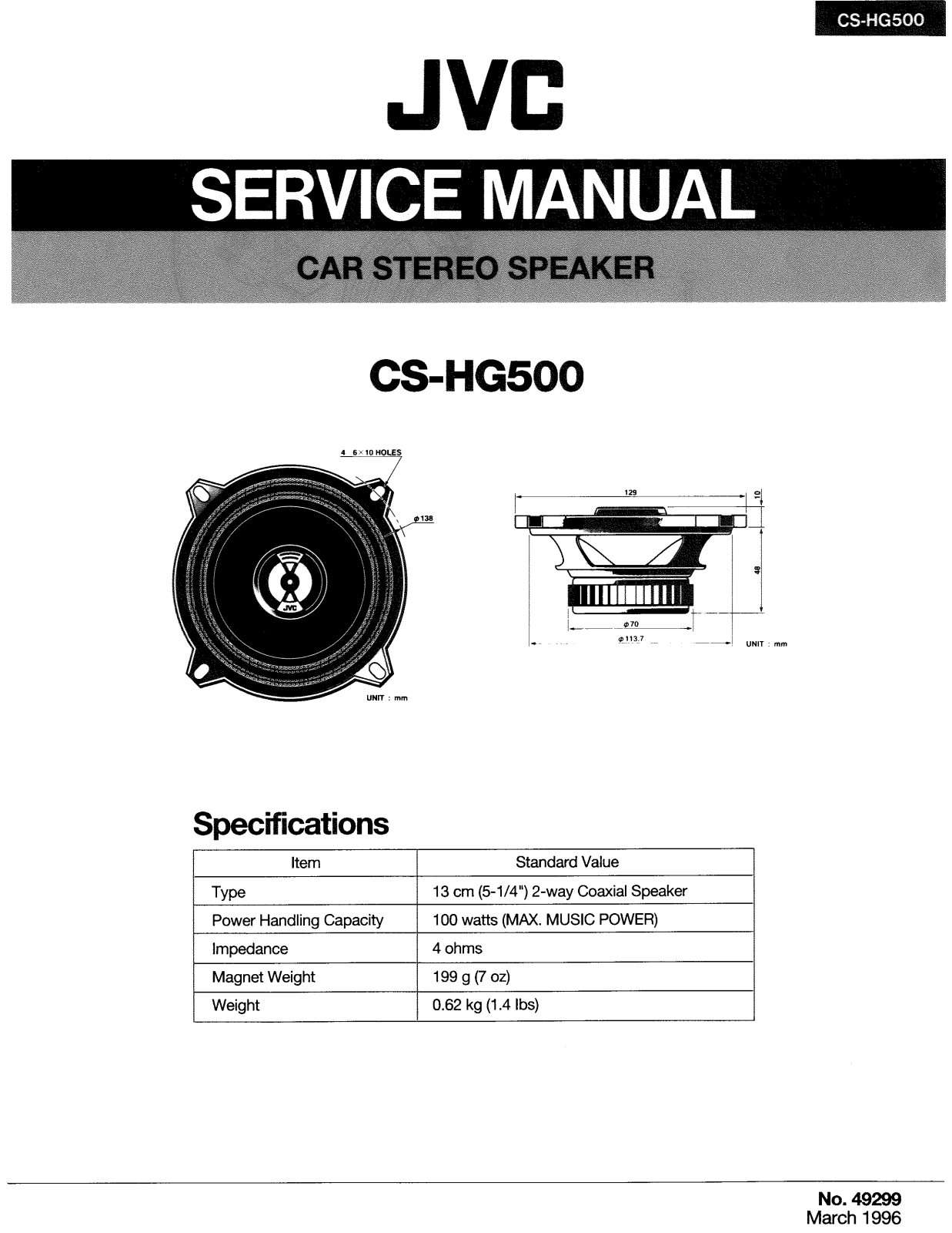 JVC CS-HG500U, CS-HG500UL, CS-HG500ULA Service Manual