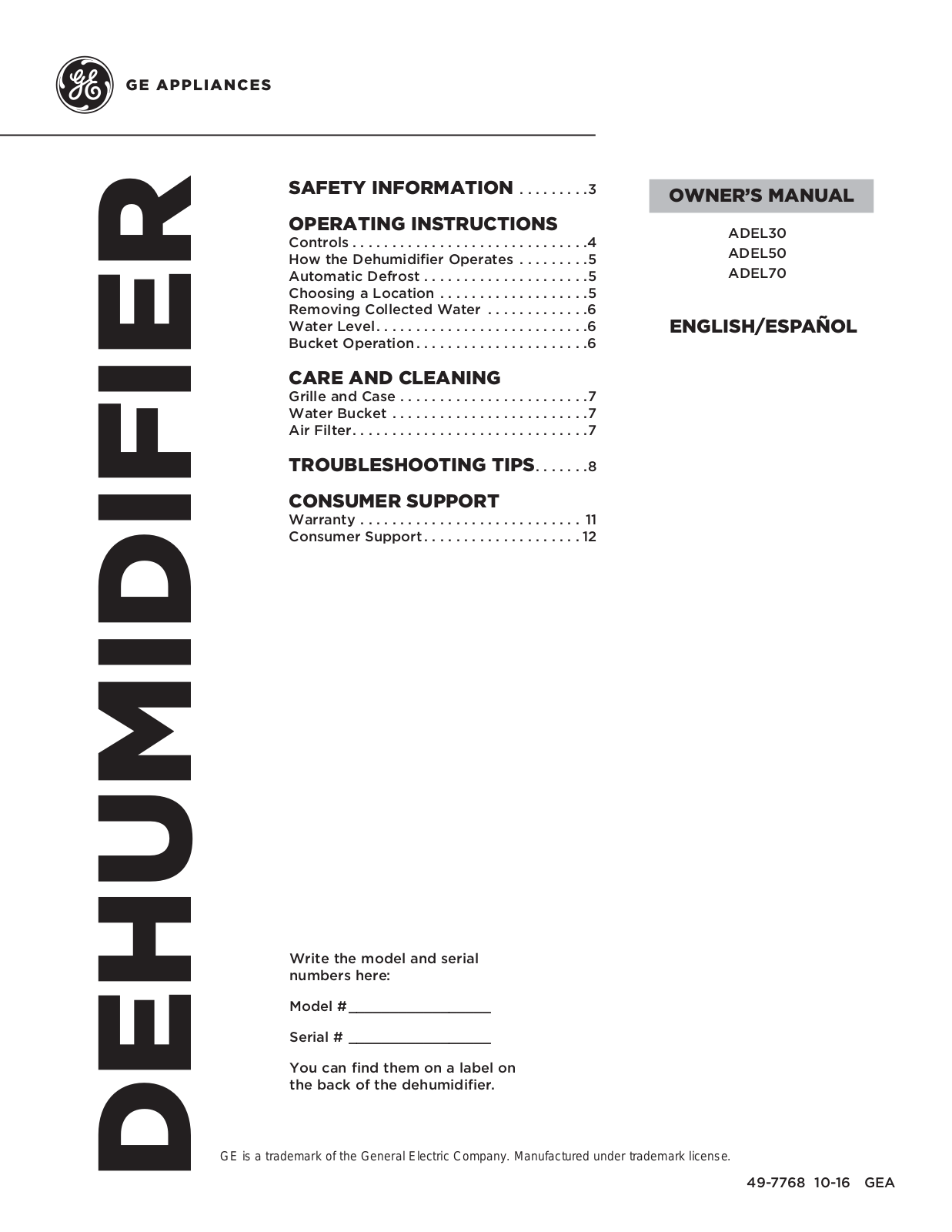 GE ADEL70LWQ1, ADEL70LWL1, ADEL50LWW1, ADEL50LWL1, ADEL30LWQ1 Owner’s Manual