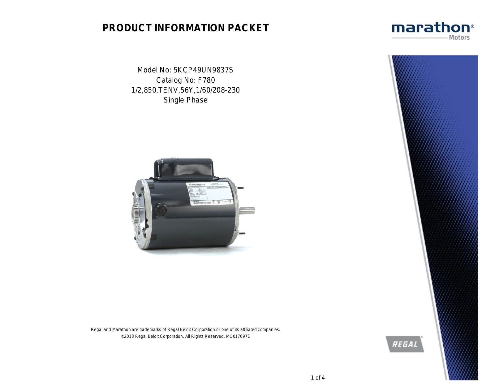 Marathon Electric 5KCP49UN9837S Product Information Packet