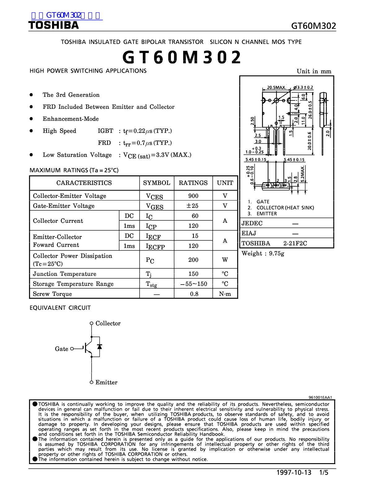 TOSHIBA CT60M302 Technical data