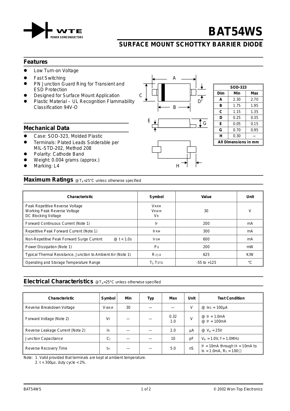 WTE BAT54WS-T3, BAT54WS-T1 Datasheet