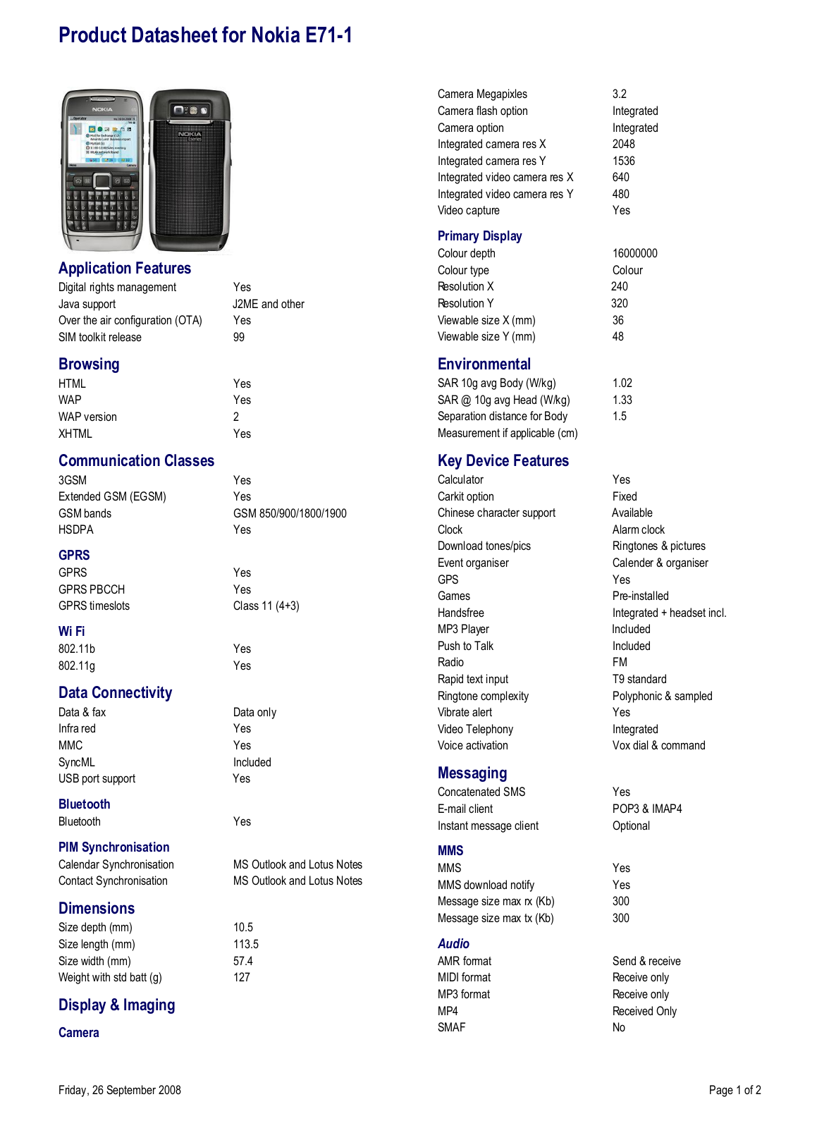 Nokia E71-1 DATASHEET