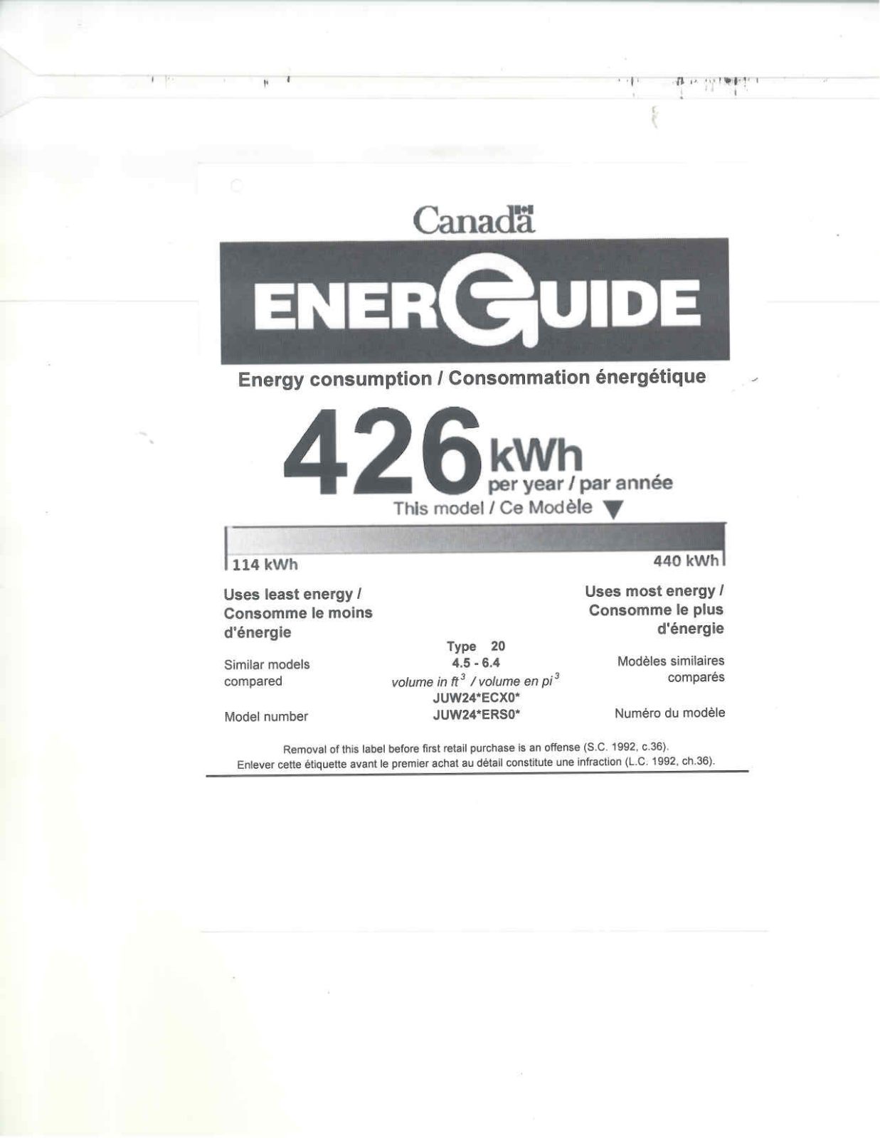 Jenn-air JUW24FLECX Energy Guide