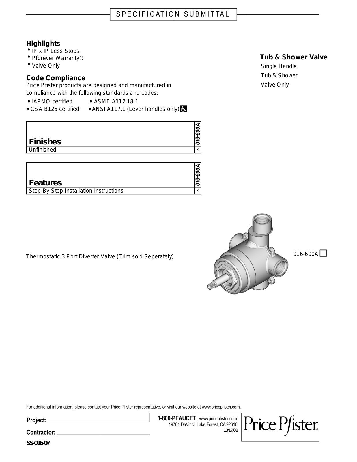 Pfister PPR2407 Specifications - ManualMachine.com
