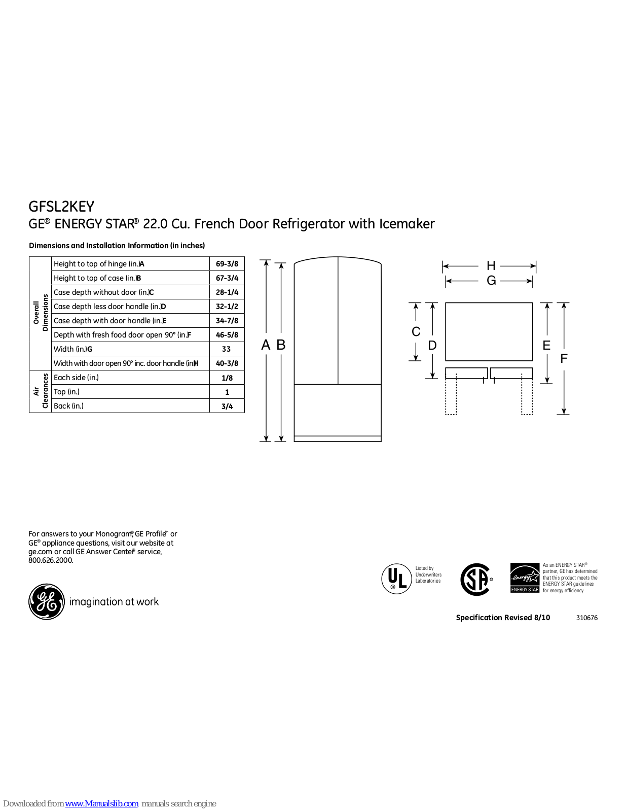 GE ENERGY STAR GFSL2KEY, GFSL2KEYLS - 22.2 cu. Ft. Refrigerator, GFSL2KEYLS Dimensions And Installation Information