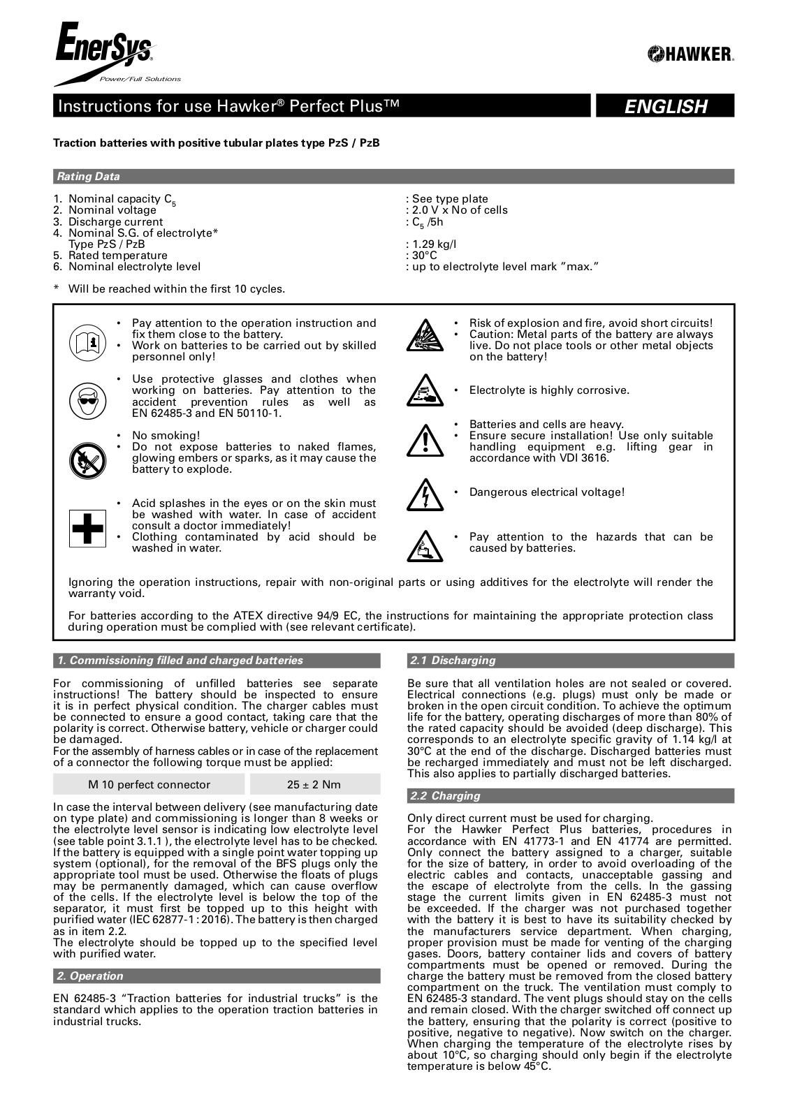 EnerSys Hawker Perfect Plus Instructions For Use Manual