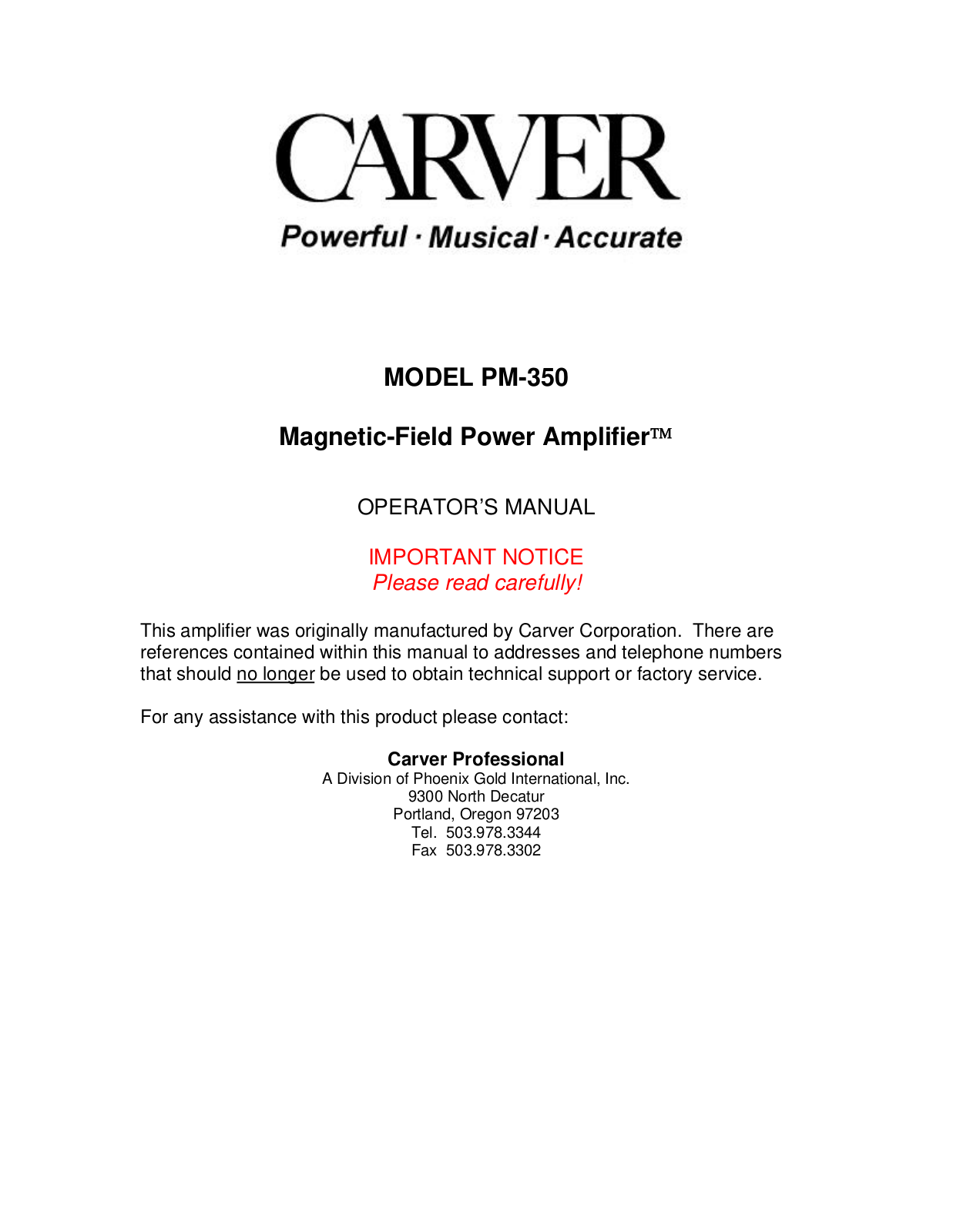 Carver PM-350 Owners manual