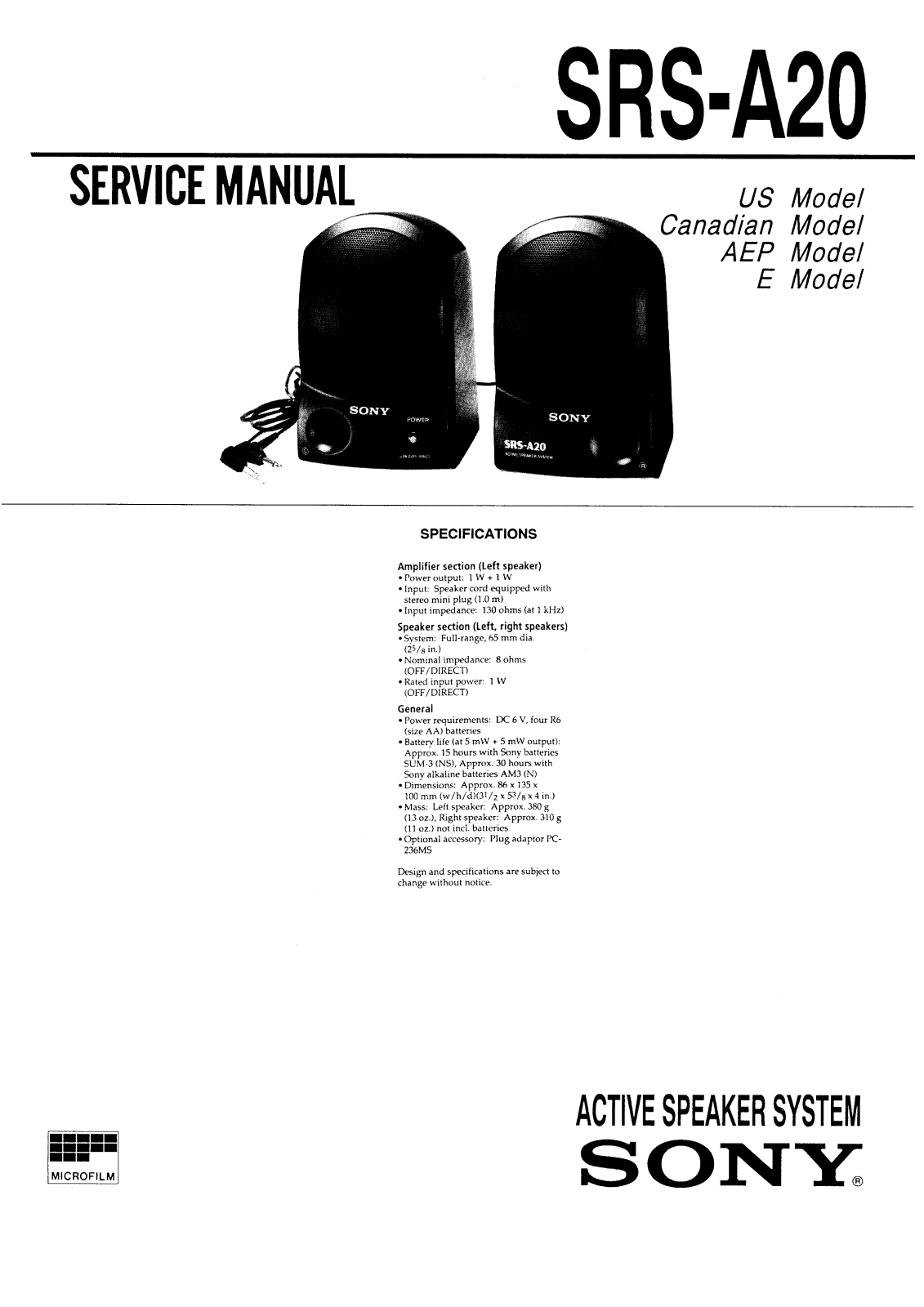 Sony SRSA-20 Service manual