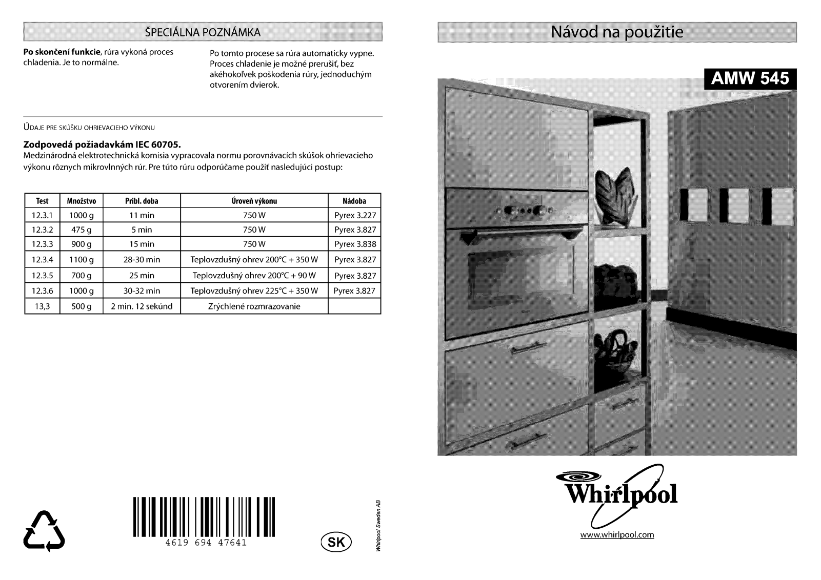 WHIRLPOOL AMW 545 IX User Manual