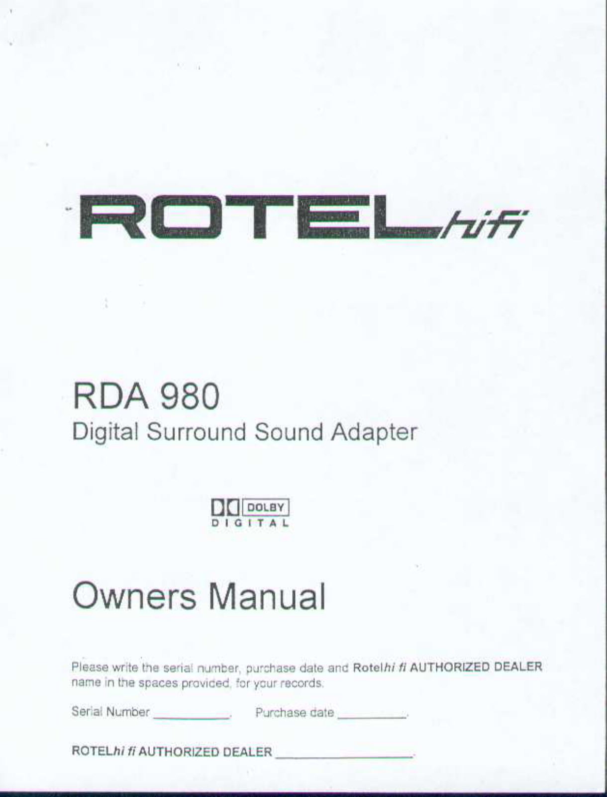 Rotel RDA-980 Owners manual