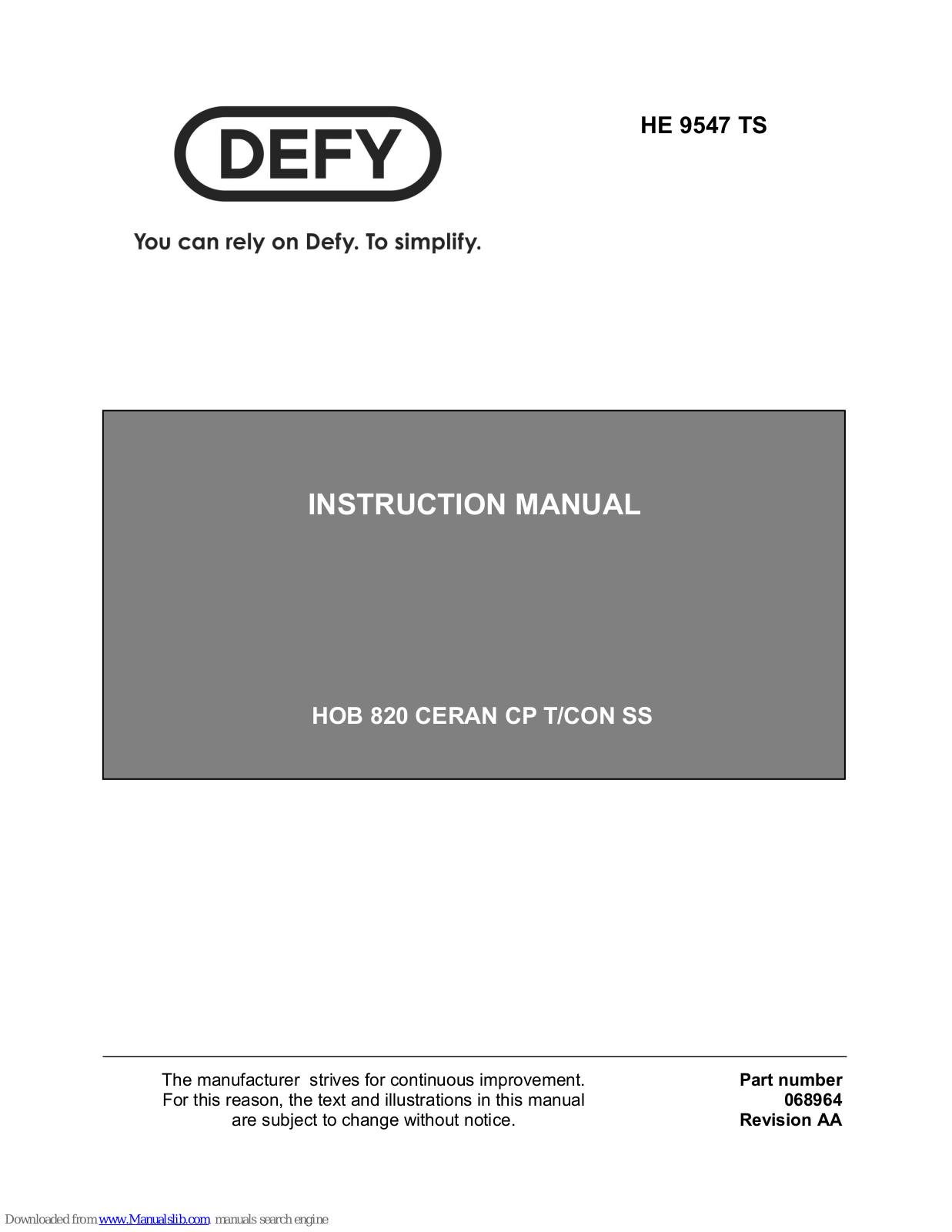 Defy he 9547 ts Instruction Manual