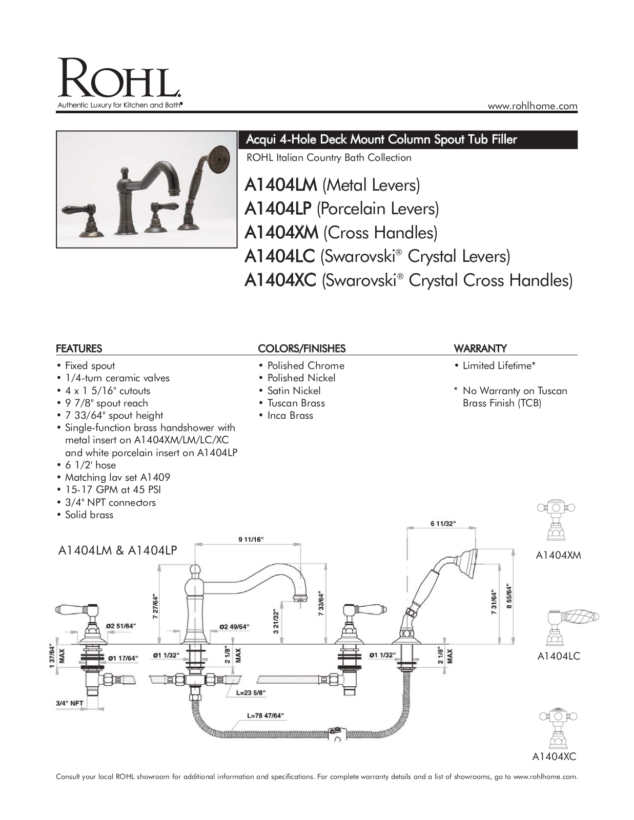 Rohl A1404LMPN, A1404XMPN, A1404LCPN, A1404XCPN, A1404LPPN Specifications - ManualMachine.com