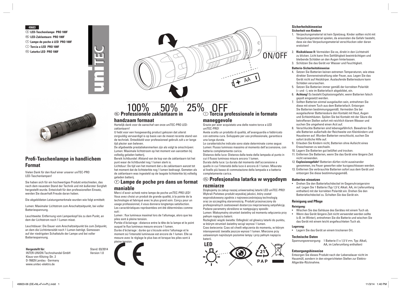 uniTEC Pro 100F User manual