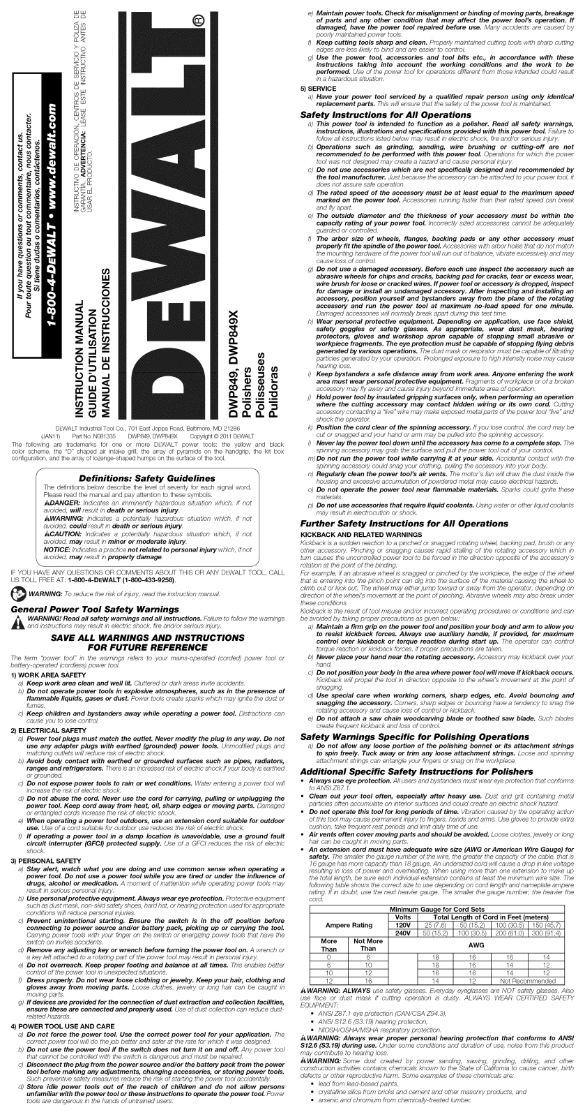 DeWalt DWP849X TYPE1 Owner’s Manual