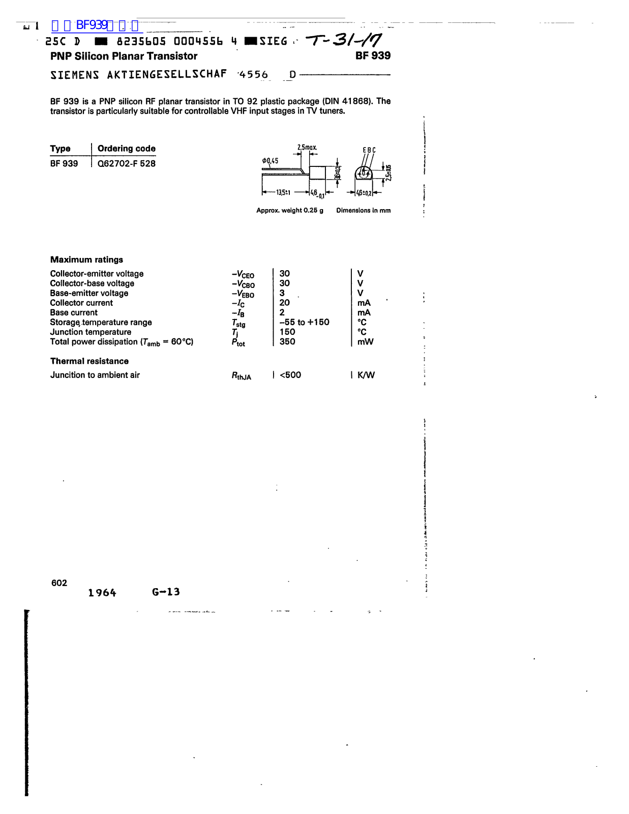 Siemens BF 939 Technical data