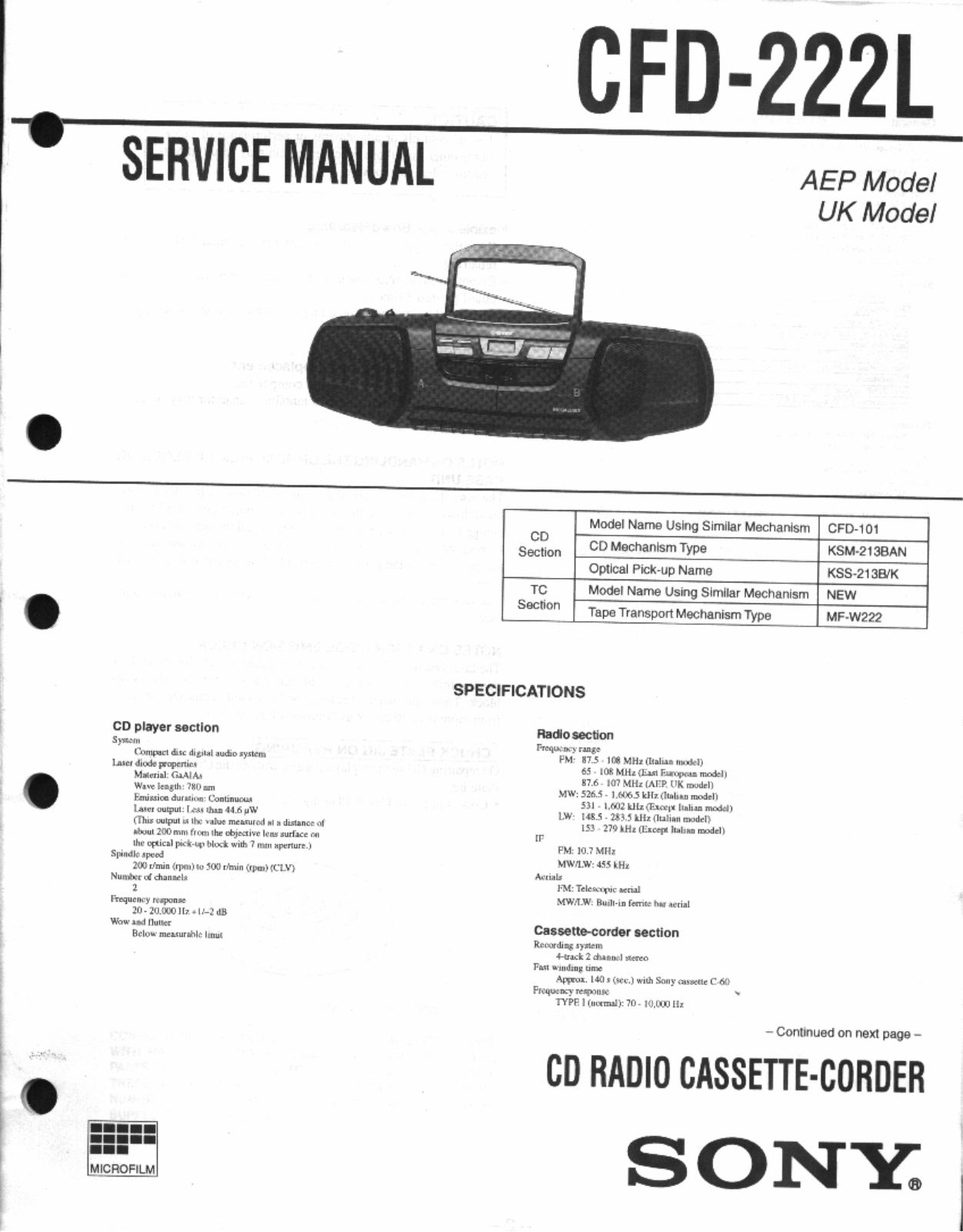 Sony CFD-222-L Service manual